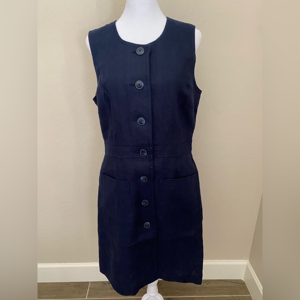 NWT Tory Burch Linen Navy Sleeveless Button Front Shift Dress Size 8 - Picture 5 of 13